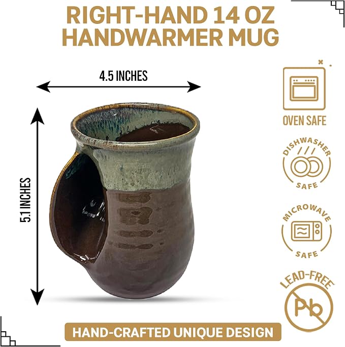 Clay in Motion Hand Warmer Coffee Mug – Handmade Coffee Mug With Comfortable Handle Contoured Pocket Hand Warming Ceramic Coffee Mug – Proudly Made in USA – Left Handed – 14 Oz - Mocha