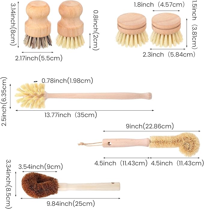 8 Pcs Bamboo Dish Brush Dish Washing Scrub Bottle Brushes Wooden Palm Pot Brush Cleaning Scrubbers with Natural Sisal Bristles Long Handle for Pots Pans, Vegetables, Household Cleaning