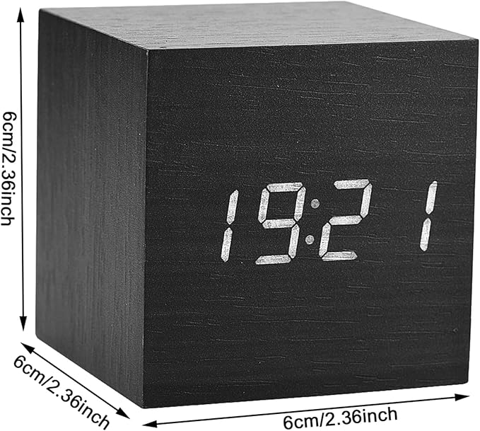 Wooden Alarm Clock, Digital Alarm Clock LED Time Temperature Display with Voice Control for Bedroom, Bedside, Desk, 6x6x6cm(Black)