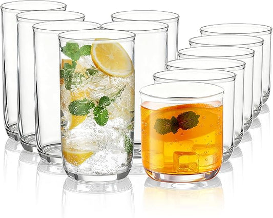 Kyraton Drinking Glasses Set of 12, PET Clear Plastic Highball Glasses 14oz & Whisky Cocktail Glasses Set 11.5oz, Heavy Duty Unbreakable Water Glasses Cup Tumbler Glassware for Beer, Juice, Milk