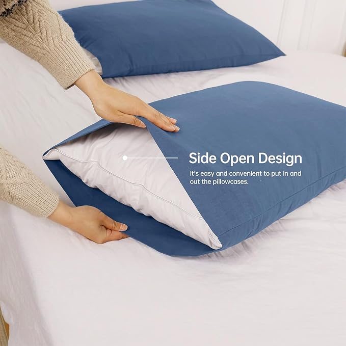 Simple&Opulence Linen Pillowcases 1 Pair Basic Style 55% Euro Linen 45% Cotton Blend Solid Color Flax Shams Set of 2, Standard Queen Size 20"x30", Navy Blue