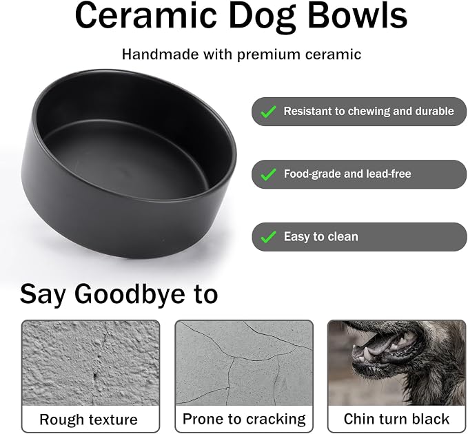 MateeyLife Ceramic Dog and Cat Bowls with Stand, 2-Pack Food and Water Bowl Set - Non-Slip Pet Bowls for Cats,Puppies and Small Dogs, 13.5OZ（Black）