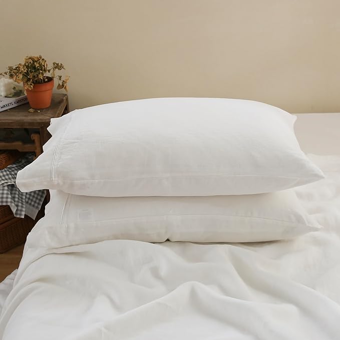 100% French Linen Pillowcases with Embroidery - Pack of 2 - Washed Solid Color Natural Flax Soft Breathable - White, 20'' x 30''