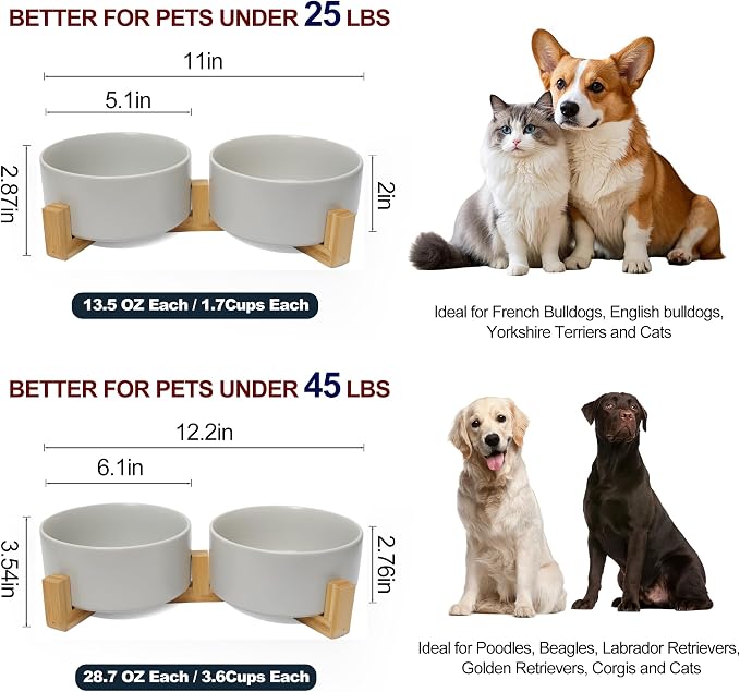 Dog Food Bowl, 13.5 oz Ceramic Food and Water Bowls for Dogs, Pet Dishes Set with Wood Stand, for Small Size Dog and Cat, No Spill Feeding Station with Weighted Base, Grey