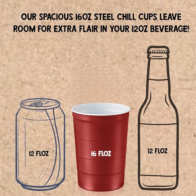 Steel Chill Cups 16 oz. Party Cups, Perfect for Cold Drinks, Sturdy & Durable, Disposable and 100% Recyclable, Made in USA, Red, 180 Count