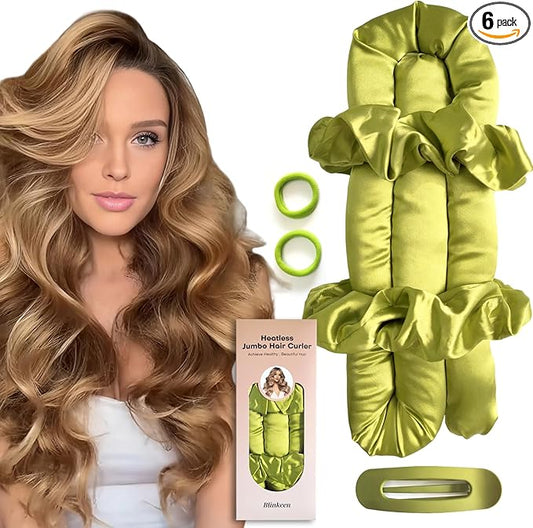Jumbo Heatless Hair Curler Set-Satin Heatless Curls Overnight, Jumbo Curling Rod Headband, No Heat Curlers To Sleep in (Green)