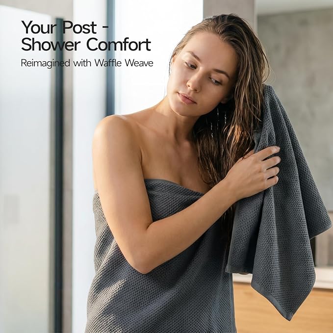 REDKISS Quick Dry Waffle Towel Set of 8, 100% Cotton,Lightweight & Highly Absorbent Waffle Towels for Bathroom, Spa, Gym, Pool-2 Bath Towels, 2 Hand Towels & 4 Washcloths,Dark Gray