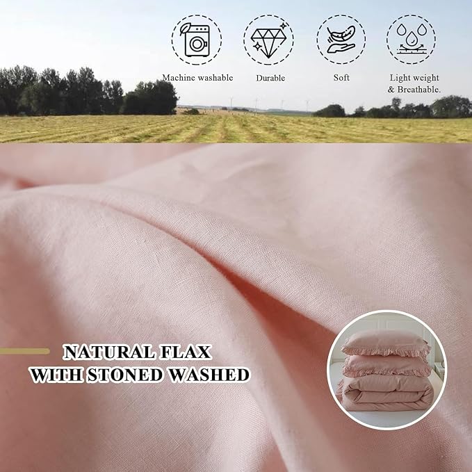 Simple&Opulence 100% Linen Duvet Cover Set, 3 PCS Natural French Flax Blush Pink Ruffle Duvet Cover Queen Size, Breathable Comfy Linen Bedding Comforter Cover with 2 Pillowcases(Blush Pink, 88" X 92")