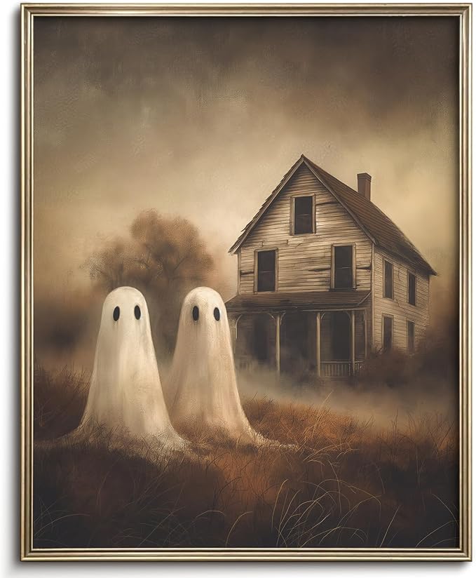 Vodefoad Retro Cute Ghost Decor Halloween Painting Spooky Silhouette Ghosts Haunted House Art Victorian Ghost Posters Pictures for Living Room, Bedroom, Bathroom, halloween Room decor - 8x10 Inch Unframed