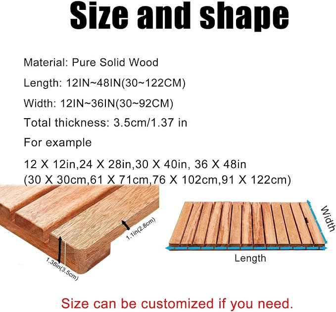 Non Slip Wood Bathroom Mat, Sturdy Teak Shower Mat, Natural Bamboo Floor Mat for Spa Home Outdoor, Waterproof Durable