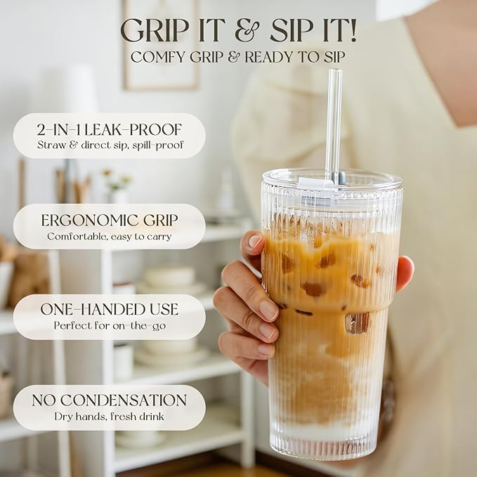 KEMORELA 6-Pack 20 oz Ribbed Glass Tumblers with Lids and Straws – Vintage Iced Coffee Cups, Reusable Smoothie & Cocktail Glasses, Durable Clear Glassware for Home, Cafe & Party Use