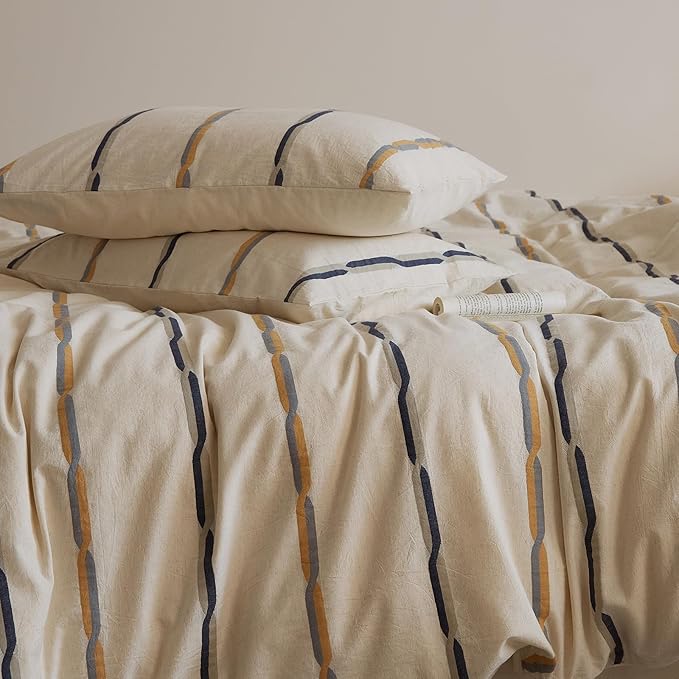 mixinni Cotton Linen Jacquard Duvet Cover Set Queen, 3-Piece Mid-Century Modern Bedding, Vintage Striped Bohemian Duvet Cover with 2 Pillowcases, All-Season Breathable Comforter Cover-Queen Size