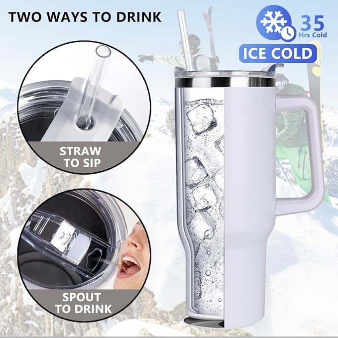 SYACOT 40 oz Tumbler with Handle and Straw Stainless Steel Insulated Tumbler Leak Proof Lid and Straw Lid Reusable Travel Mug Coffee Mug Cup Dishwasher Safe Keep Drinks Cold and Hot (Winter White)