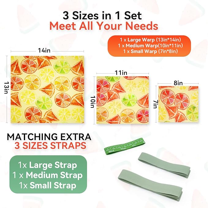3-Pack Reusable Beeswax Food Wraps with Elastic Bands, Sustainable Bowl Covers for Bread Proofing & Food Storage, Eco-Friendly Sandwich & Cheese Wraps, Assorted Sizes (S, M, L)