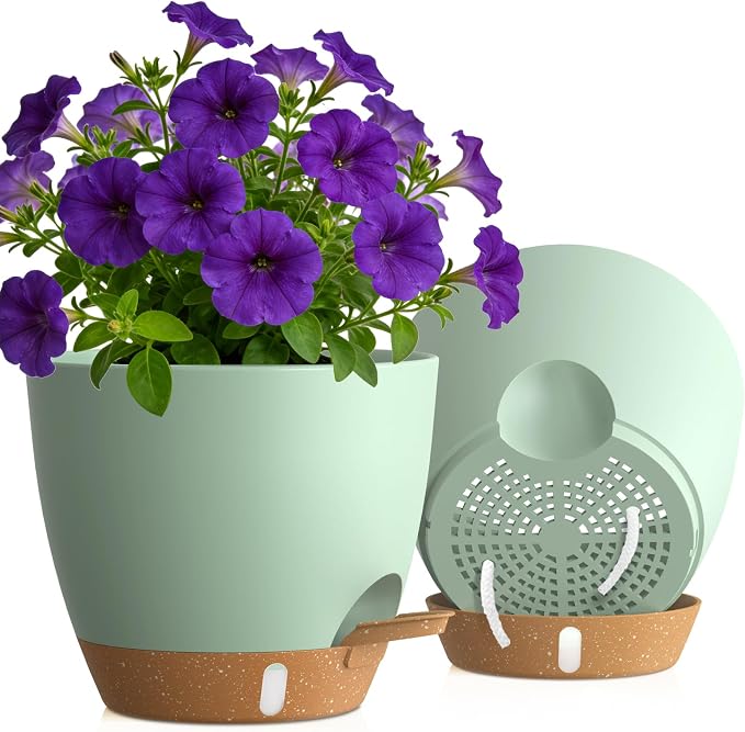 Self Watering Pots with Drainage Holes, 2 Pack 10 Inch Plant Pots with Water Level Indicator Deep Reservoir, Large Plastic Planter for Indoor Outdoor Plants - Green