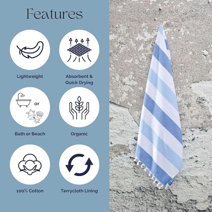 InfuseZen Terry Cloth Lined Turkish Bath & Beach Towel – Striped Design - 100% Organic Turkish Cotton - Soft, Lightweight, Absorbent Peshtemal - Quick Dry for Beach, Bath, Throw, Travel - Royal Blue