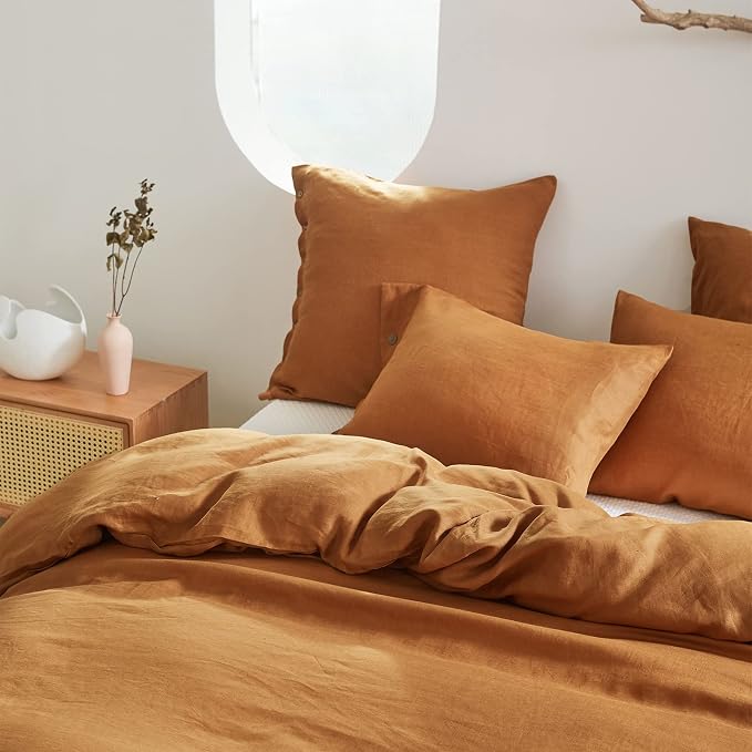 Simple&Opulence 100% Linen Euro Shams with Coconut Button (26'' x 26'') - Pack of 2 - Washed Solid Color Natural Flax Soft Breathable - Rust