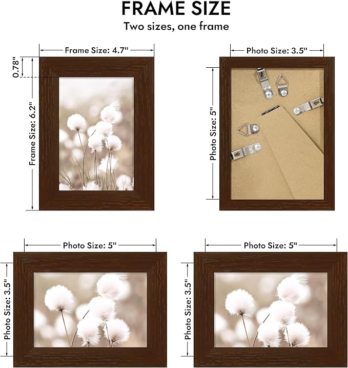 Hongkee 3.5x5 Oak Wood Picture Frame(1 Pack, Walnut) with Real Glass Cover | Solid Wood 3.5 x 5 Small Frame for Wall or Tabletop Display - Includes Easel Back, Vertical Hang - Ideal for Home, Office