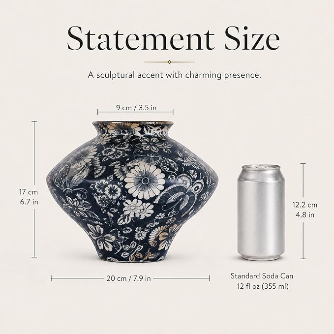 Wabi Sabi Vase, Small Navy Blue Botanical Ceramic Vase for Home Decor, Blue and White Decorative Vase for Shelf Coffee Table Entryway Rustic Modern Decor