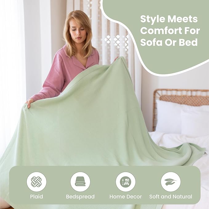 Dalisa 100% Organic Turkish Cotton Throw Blanket - GOTS Certified, Cozy - Perfect for Couch, Bed, and Home Decor - Boho Vintage Knit Alina (Sage, 50x60)