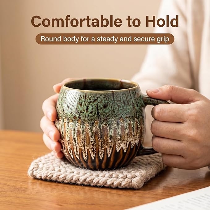 13oz Large Coffee Mug - Unique Handcrafted Look Ceramic Cup, Large Tea Mug, Microwave & Dishwasher Safe (green,Set of 4)
