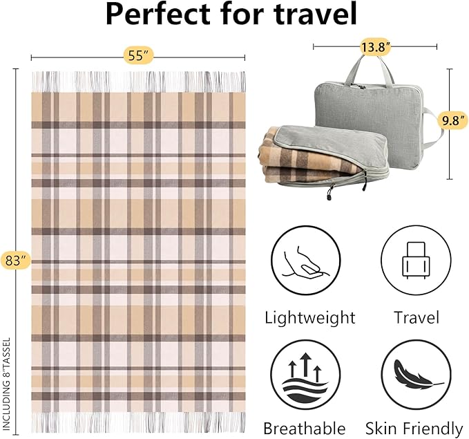 100% Wool Blanket Throw,Beige Plaid Wool Blanket with Compact Bag,Rustic Soft Lightweight Blanket for Couch,Sofa,Bed & Lounging Decoration, Warm Travel Blanket for Home, Airplane,Ideal Gifts 55"x83"