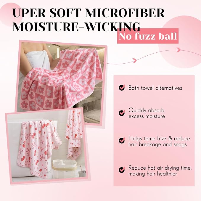 2 Pcs 40 x 24 Inches Large Microfiber Hair Towels Quick Dry Hair Towel Wrap for Women, Suitable for Home, Recreation, Beach, Yoga, Gym, Camping, Etc (Cherry,Flowers)