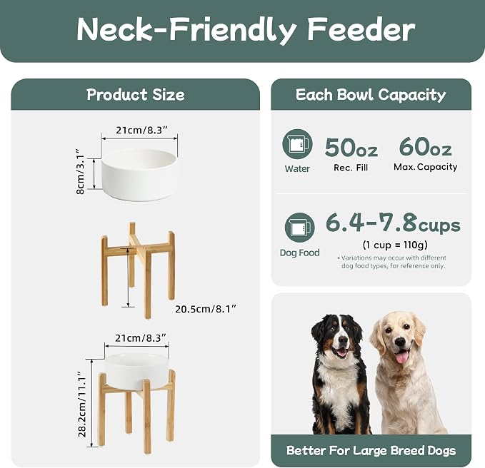Havniva 8.3” Dog Bowls Elevated Ceramic Dog Food and Water Bowl, Raised Dog Water Bowl with Stand Non-Slip Rubber Base Large Capacity Feeding Pet Food Bowl for Large Dogs