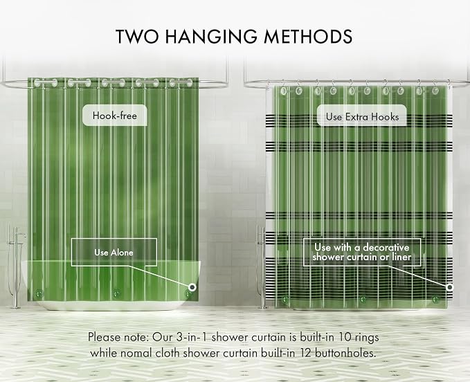 AmazerBath No Hook Shower Curtain Liner, 100% EVA Heavy Duty Hookless Shower Curtain and Liner 3-in-1, 72x75 Luxury Soft Shower Liner with 3 Heavyweight Stones, Clear Green