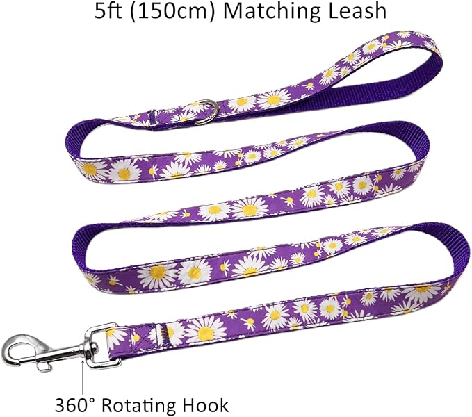 Dog Collar Leash Set, Floral Pattern, Nylon Webbing Plus Cotton Ribbon, 5ft Matching Leash, for Small Dogs.(S, Purple Daisy)