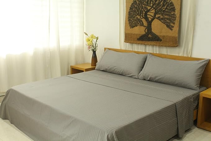 Organic Cotton Soft Sateen Stripe Bed Sheet Set - Luxury Hotel Quality - GOTS Certified - Deep Pocket - Easy Care - King (Steel Grey)
