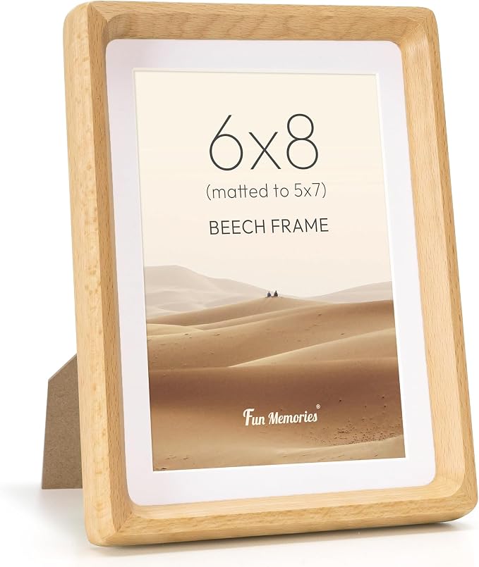 Fun Memories 6x8 Picture Frame, USA-Sourced Beech Wood Photo Frames with HD Tempered Glass, Handcrafted Rounded Corner 6 x 8 Wooden Frames Matted to 5x7 Photos, 6x8 Frame, Tabletop or Wall Display