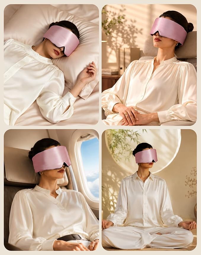 SilkSilky Silk Sleep Mask for Side Sleepers - 22 Momme 100% Mulberry Silk, Wide Face-Hugging 3D Eye Mask for Total Blackout, Zero Pressure & Adjustable Band for Women Men (Pale Mauve)