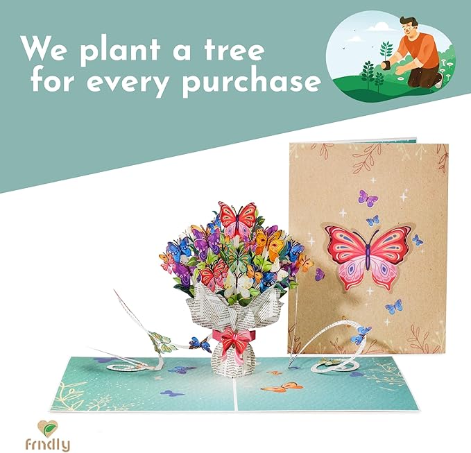 Paper Love Frndly, Butterflies Bouquet 3D Pop Up Card, For All Occasion, Mothers Day, Love, Thank You, Just Because -100% Recycled and Eco-Friendly, Handmade, 8" x 6" Cover -with Removable Note Tag