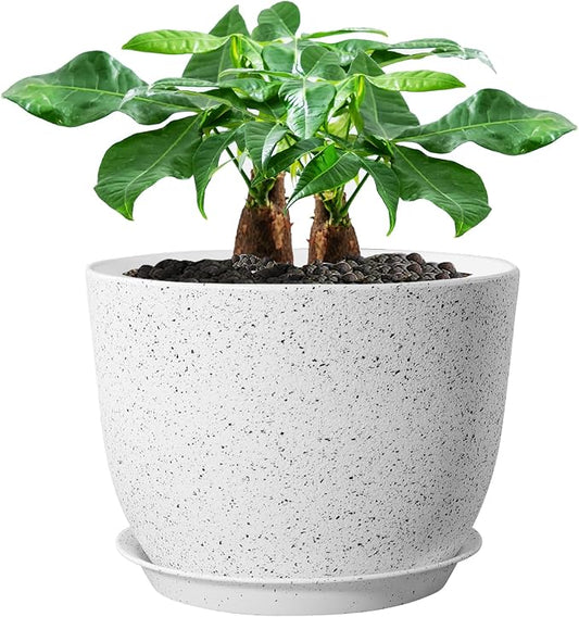 UOUZ 12inch Large Plant Pot, Modern Plastic Planter with High Driange Holes and Saucer for Indoor Outdoor Garden Plants and Flowers, White Speckles