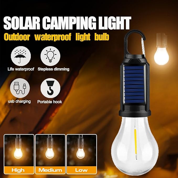 Solar Camping Lantern, Portable LED Solar USB Rechargeable Lantern Flashlight Emergency Hanging Light for Indoor Outdoor Home Power Outages Hiking Hurricane (1pcs)