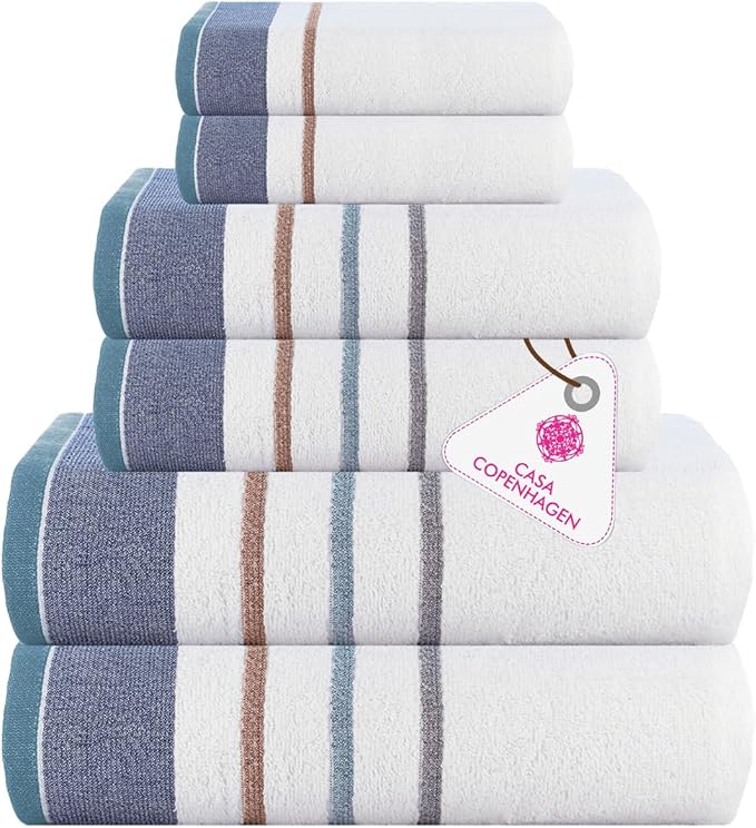CASA COPENHAGEN White Bay 6Pcs 100% Egyptian Cotton Large Designer Towels Gift Set- Grey - Denim, 600GSM, 2Bath 2Hand 2Washcloths, Bath Towels for Bathroom Set for Women & Men
