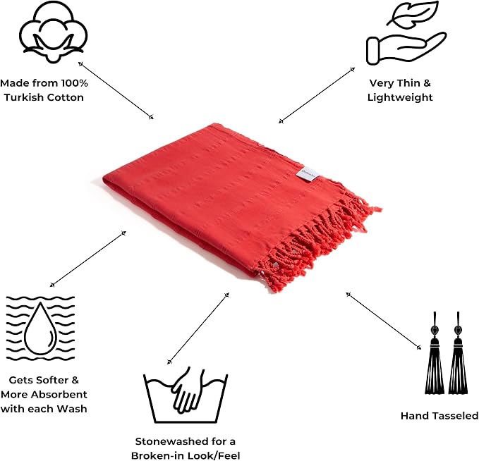InfuseZen Stonewashed Turkish Cotton Bath and Beach Towel - Coral | 100% Organic, Thin, Soft, Lightweight, Absorbent, Quick-Drying, Large Peshtemal, Sand-Resistant for Shower, Pool, Spa, Travel