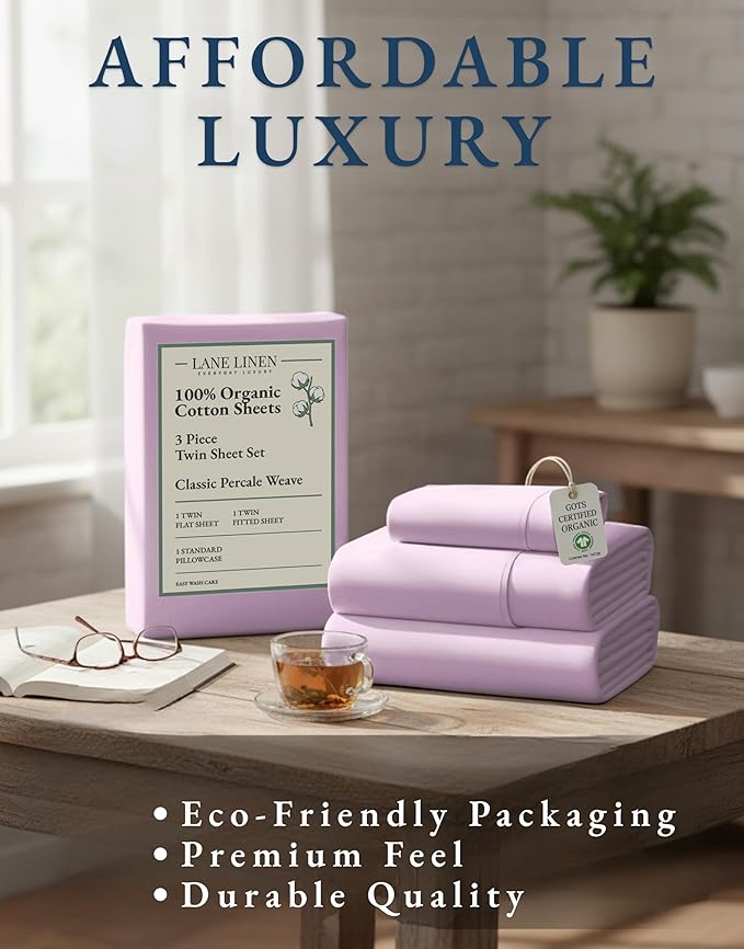 LANE LINEN 100% Organic Cotton Sheets Set Twin Size, Classic Percale Weave, Breathable Naturally Temperature Regulating Cotton Sheet Set, Low Pill Fade Resistant Deep Pocket Twin Sheets-Orchid Petal