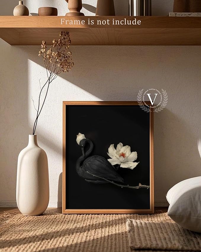 Vintage Black Swan Wall Art, Elegant Farmhouse Moody Dark Flower Academia Swan Print, Classic Neutral Animal Artwork Canvas Wall Decor for Bedroom, Living Room, Bathroom, Lake House - 8x10Inch Unframe