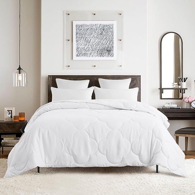 Feather and Loom Pendant Stitch Down Alternative All Seasons Comforter - Soft and Easy Care Microfiber Cover, Hypoallergenic High Loft Fiber Fill, Machine Washable Color: White Size: King