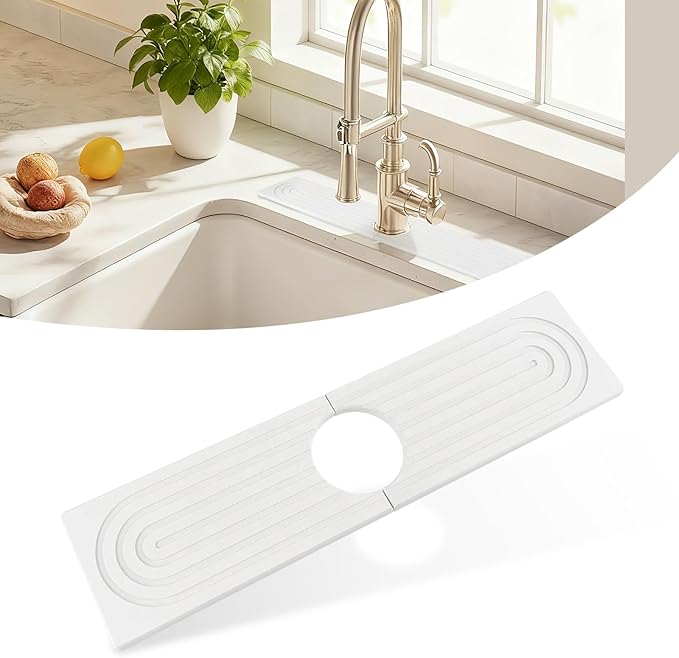 Diatomite Quick-Drying Stone Mat Set, Stone Mat for Kitchen Sink & Bathroom Sink Cover for Counter Space, Fits Soap Cups Sponges, Fast Water-Absorbing to Keep Dry (White, 15.7×3.9inch)