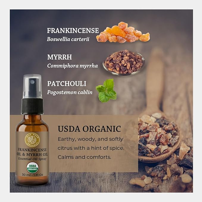 Silk Road Organic Frankincense Oil & Myrrh Essential Oil Spray, 100% Pure USDA Certified Aromatherapy for Body Aches, Stiffness & Tingling, Stress, & Skin - 1 Oz Spray