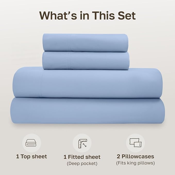 California Design Den California King Sheet Sets - Soft 100% Organic Cotton Sheets, Crisp and Cool Percale, Deep Pockets with Anti-Skid Elastic, Breathable and Durable Bedding Set - Light Blue