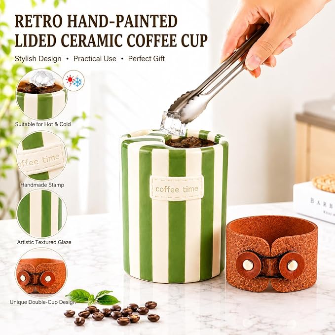 Shelprojsu 10oz Ceramic Travel Coffee Mug,Ceramic Mug with Sip hole Hand Painted Coffee Mugs with Sleeve Cup,Can Work as a Gift Ideal for Coffee Lovers(Green)
