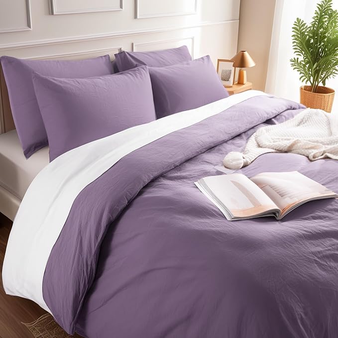 NEXHOME PRO Full Duvet Cover Set, 100% Washed Cotton with Linen-Like Texture, Natural Organic, Breathable & Comfortable, Includes Home Bedding Set Dusty Purple (No Comforter) 8090