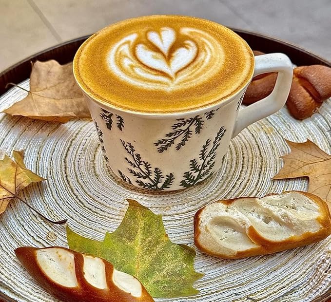 Handmade Ceramic Coffee Mug with Handle for Tea Latte,12 oz. Microwave Dishwasher Cup, Art Gifts Green Plant Leaf Mug, Cup for Coffee, Tea & Hot Chocolate, Cypress Leaves