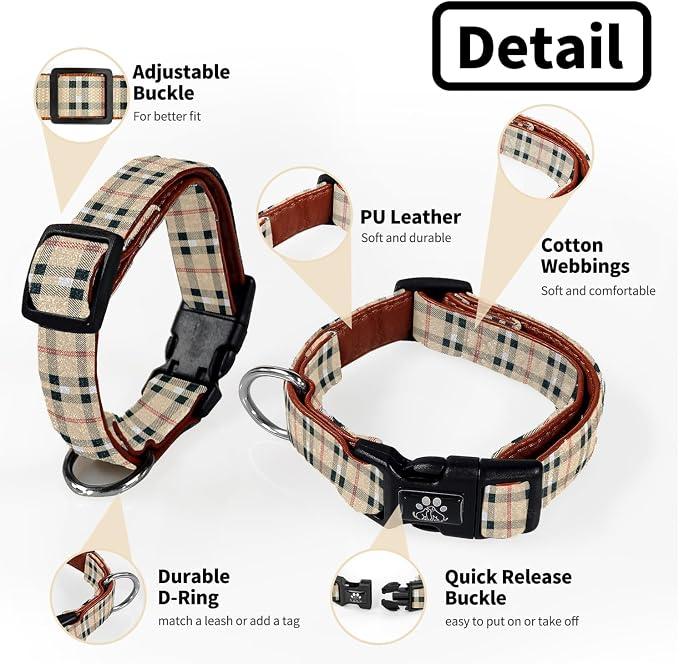 NESTROAD Dog Collar and Leash Set,Soft Neoprene Pet Collar with Quick Release Buckle,Adjustable Nylon Dog Collars for Small Medium Large Dogs(Medium,Cherecked Beige)