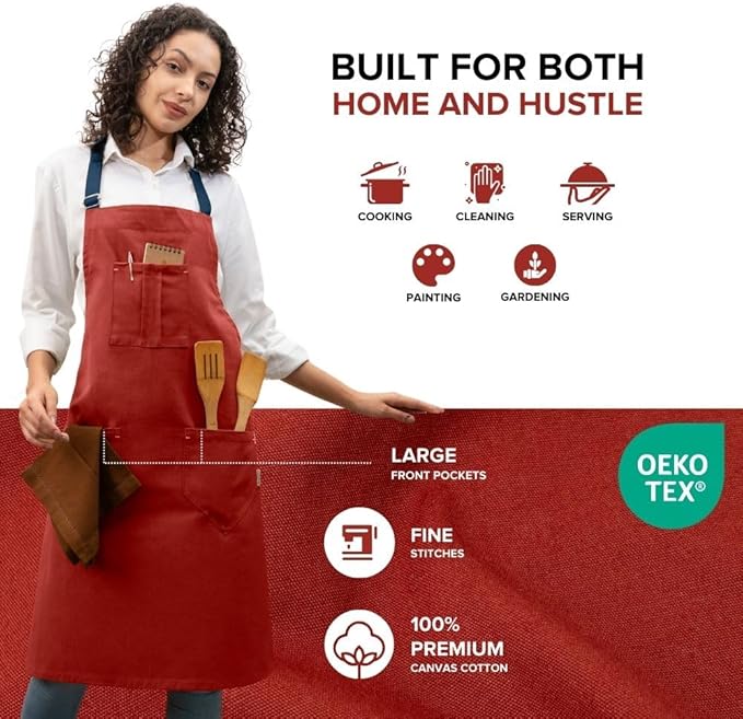 Cotton Canvas Apron for Women & Men – Adjustable Neck Strap & Waist Ties with Pockets