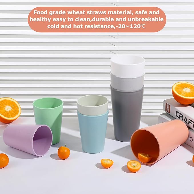 HEYCOME Set of 12 Wheat Straw Cups, 6 Pcs 20 oz & 6 Pcs 12 oz Unbreakable Drinking Cups, Reusable Plastic Cups Sets, Water Glasses Tumblers, Microwave & Dishwasher Safe, Bpa Free, 6 Colors